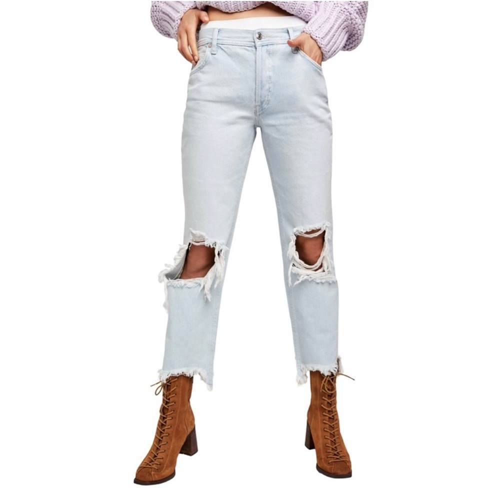 Free People Paradise Blue Distressed Maggie Mid-Rise Straight-Leg Jeans Size 26